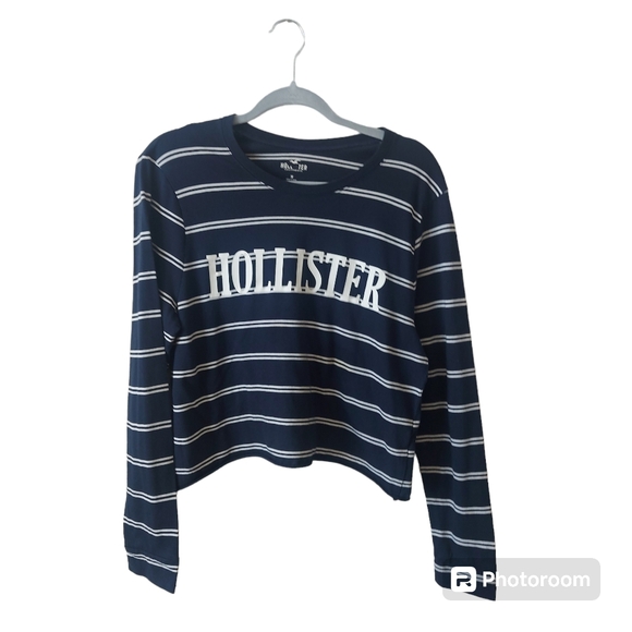 Hollister Tops - Hollister Navy and White Logo Stripe Cropped Long Sleeve Knit Top Size Medium